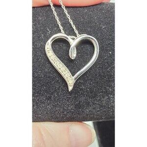 925 Sterling Silver Open Heart Necklace CZ Accent Pendant 18" Chain Adjustable